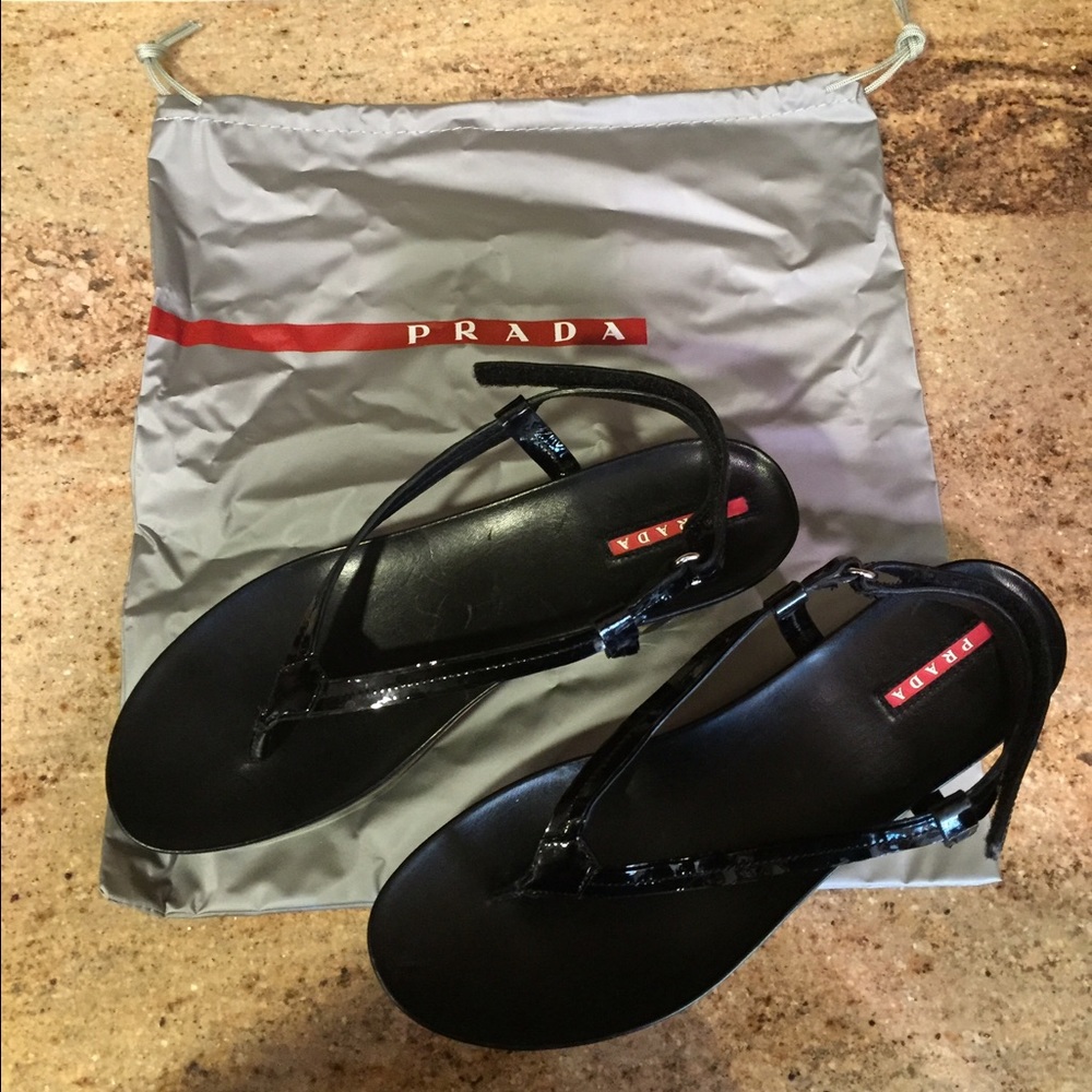 Prada Black Patent Wedge Sandal sz 10